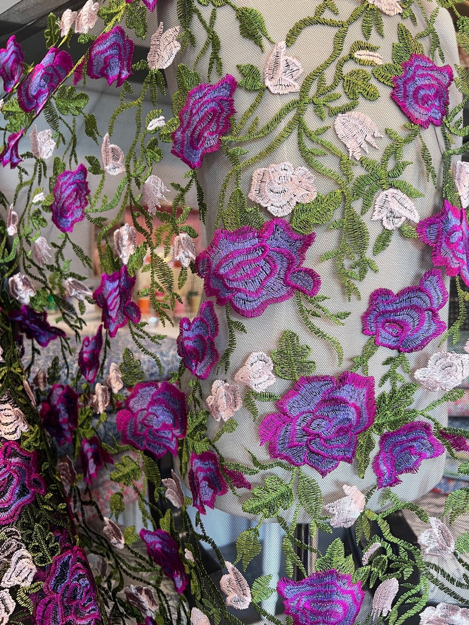 Purple, Pink, Green on Black Floral Embroidered Mesh- 58