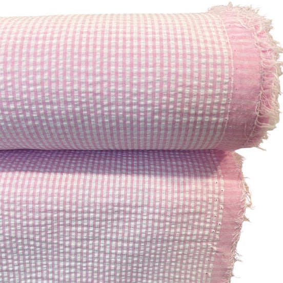 Pink and White Seersucker Check- 57” Wide- Cotton Poly Blend