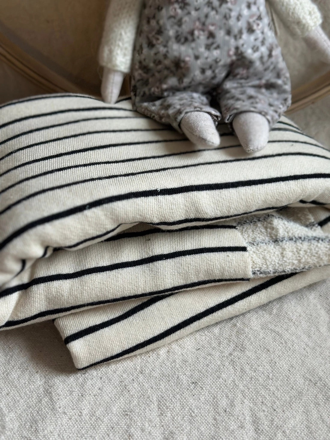 Large Loop American Milled Organic Cotton French Terry- Black Striped on Creamy- 56” Wide