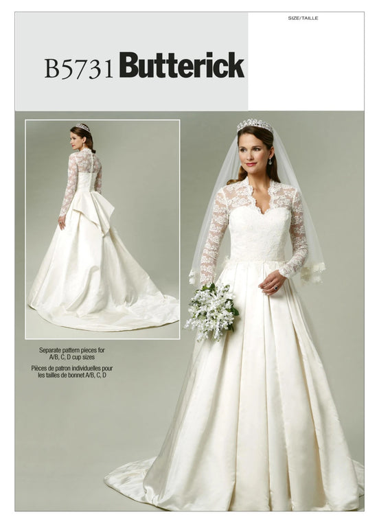 Butterick B5731 Sewing Pattern Misses’ Wedding/ Bridal Lace-Overlay Dress with Train