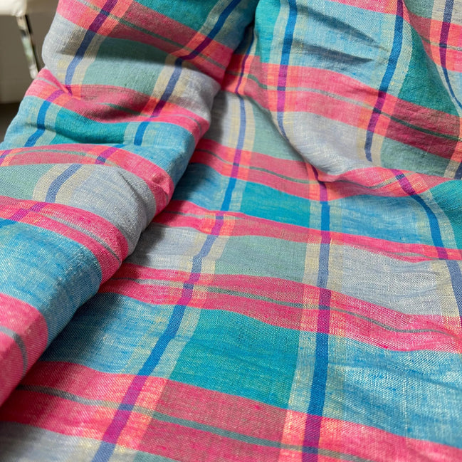 Merchant & Mills- FRUIT CAKE- European Linen Check- Teal Blue, Raspberry Pink, Pale Yellow