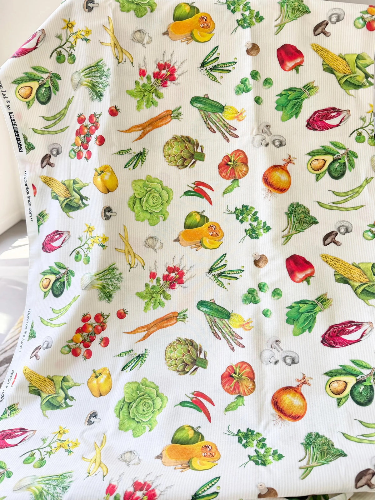 Garden Vegetables- White- “Down on the Farm- Veggie” Print Cotton Fabric- 44” Wide