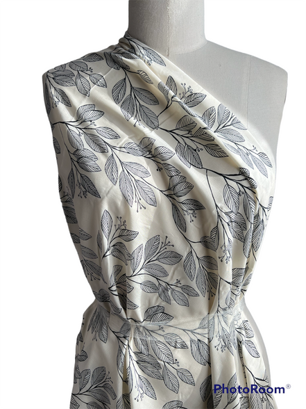 Botanical, Leaves On Ecru "Laurel Daring" Rayon Challis Fabric- Art Gallery Fabrics- 56"