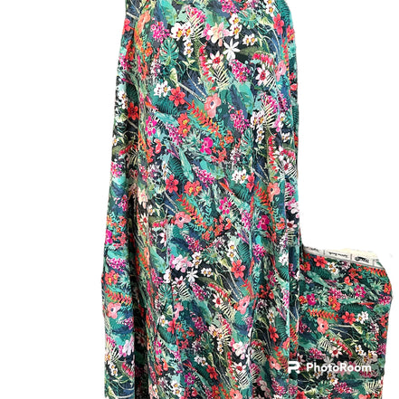 Colorful Floral on Black "Lush Rainforest" Rayon Challis Fabric- 54"