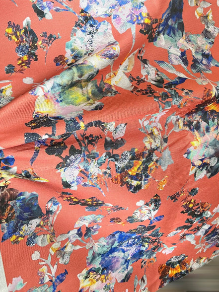 Coral and Blue Printed Silk Blend Mikado (1730)