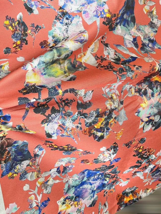 Coral and Blue Printed Silk Blend Mikado (1730)