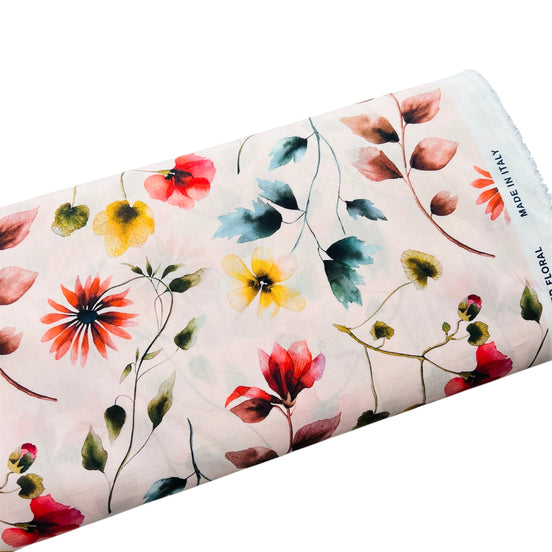 Liberty London- Herbarium (C) Tana Lawn Cotton- Red, Brown, Yellow Floral on Pale Pink Background