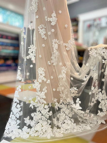 Off White 3D Floral- European Embroidered Tulle- 52" (510)