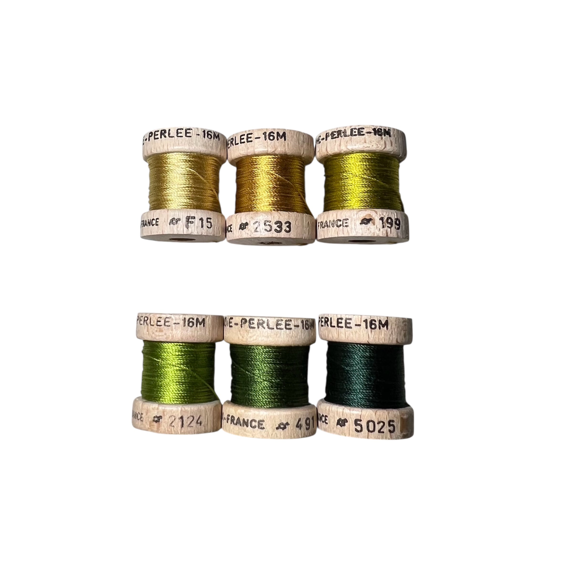 Au Ver A Soie- Soie Perlée- Green & Gold Collection- 6 Spools 100% Silk Thread