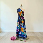 Atelier Jupe- Colorful Flowers on Dark Blue Viscose Fabric- 57” Wide