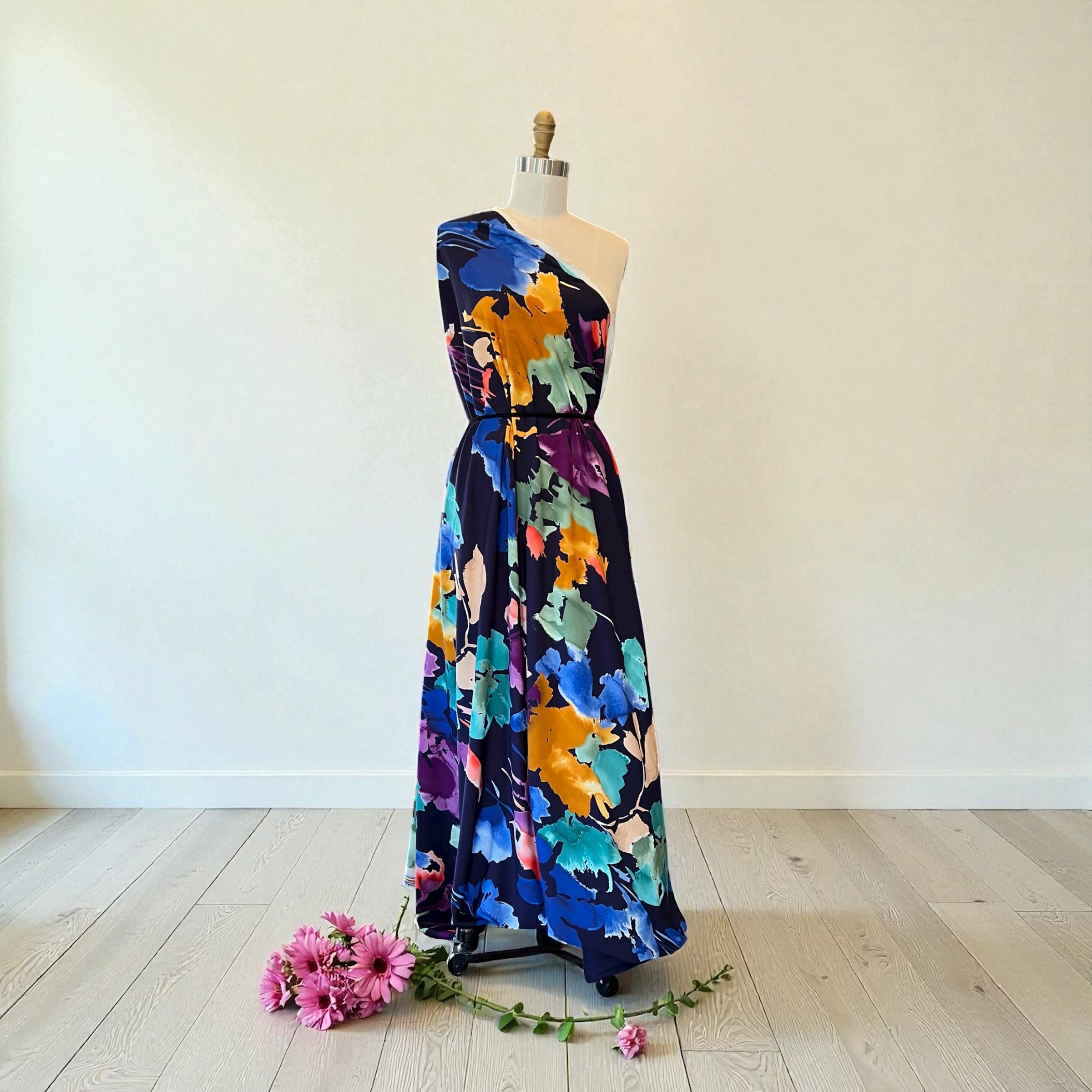 Atelier Jupe- Colorful Flowers on Dark Blue Viscose Fabric- 57” Wide