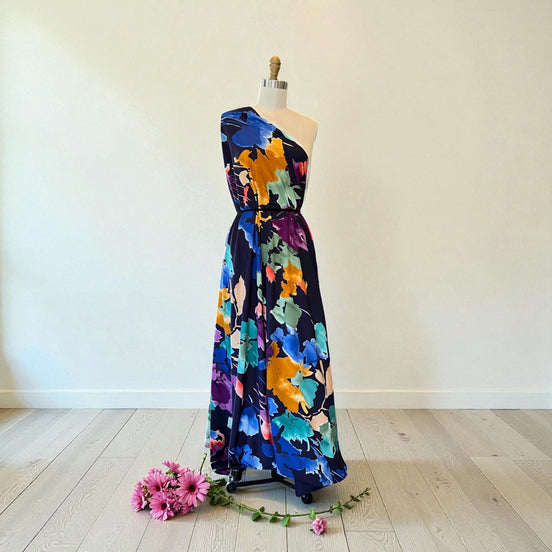 Atelier Jupe- Colorful Flowers on Dark Blue Viscose Fabric- 57” Wide
