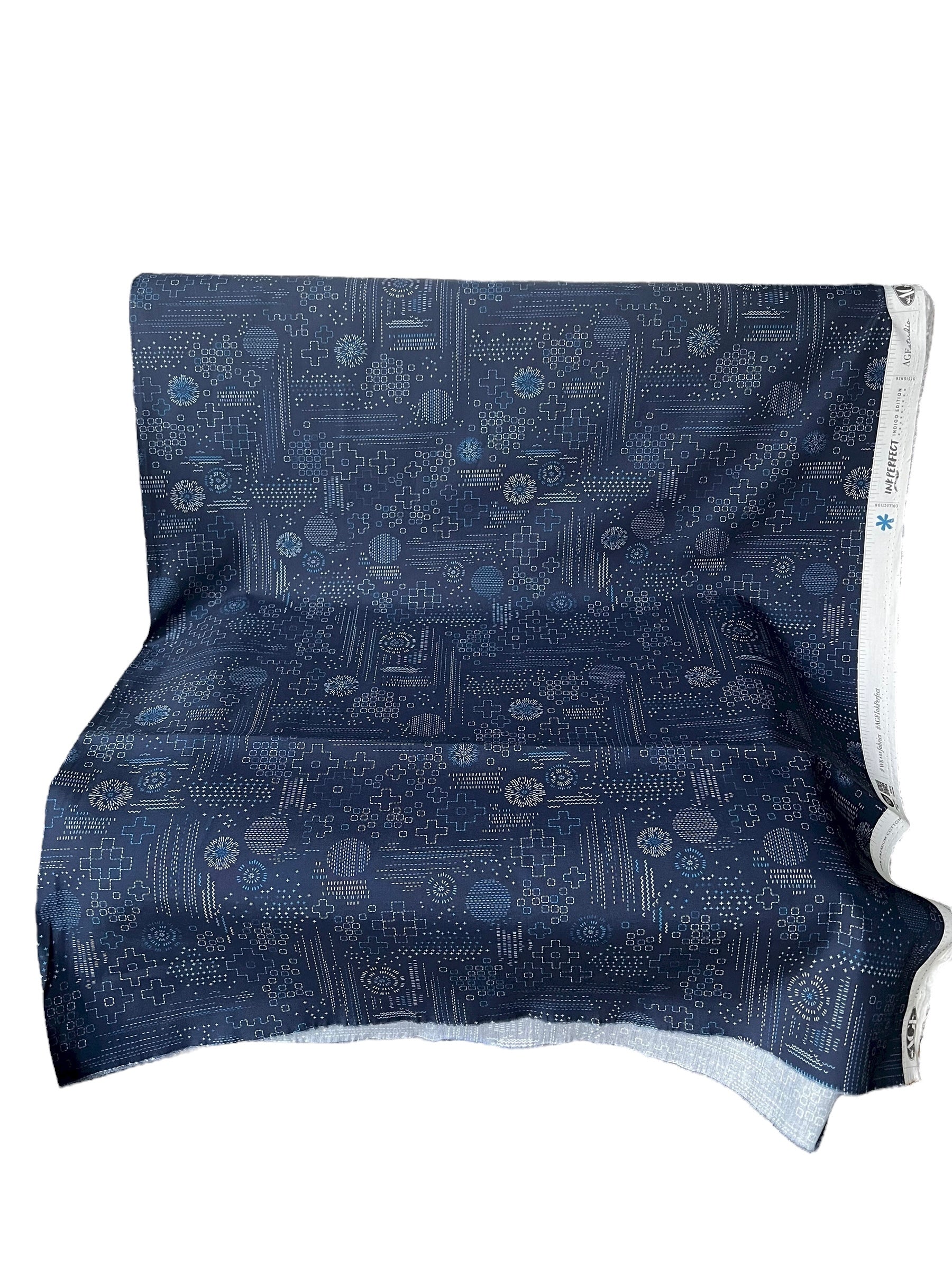 Navy Blue Sashiko Print Cotton Fabric - “Sashiko Craft Kurai