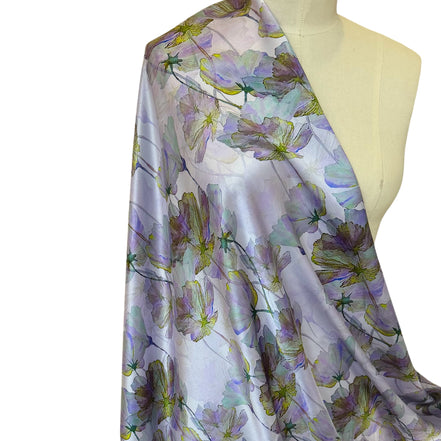 Purple, Chartreuse Floral on Pale Lilac- Silk Charmeuse- 53” Wide (1734)