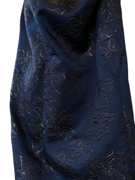 Dark Navy, Dark Metallic Silver Silk Blend Floral Brocade- 55” Wide (1735)