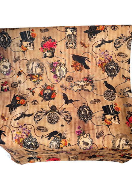 Bats, Crows, Skulls- “Dreadful Delights Bone"- Tan- 44” Wide- Cotton Fabric- Halloween