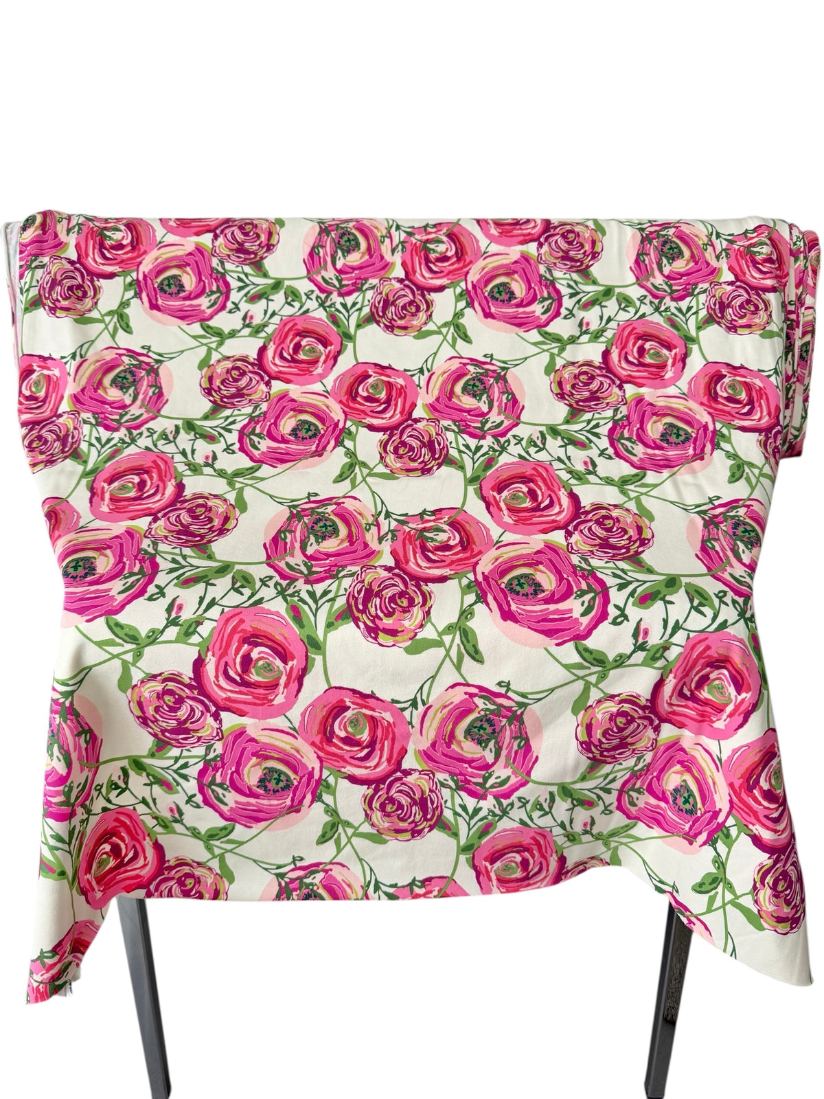 Fuchsia, Pink, Magenta, Green on Cream Jersey Knit Cotton Fabric- “Paradis Sweet”- BIG Florals