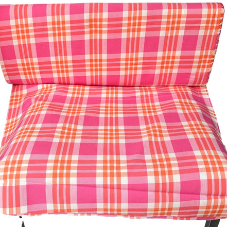 Hot Pink, Orange, White Plaid Woven- Cotton Fabric- 44” Wide- Camellia from Kona Loomworks-Summer Breeze