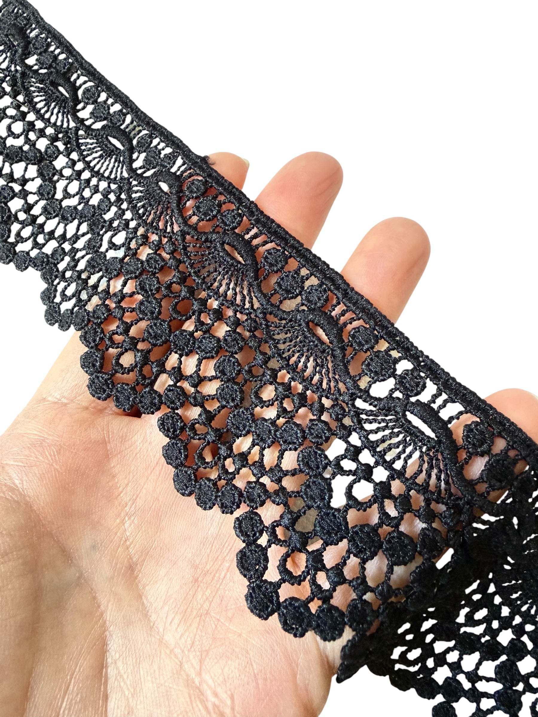 Black Fan Pattern Guipure- Lace Trim 9129- 2 1/8” Wide
