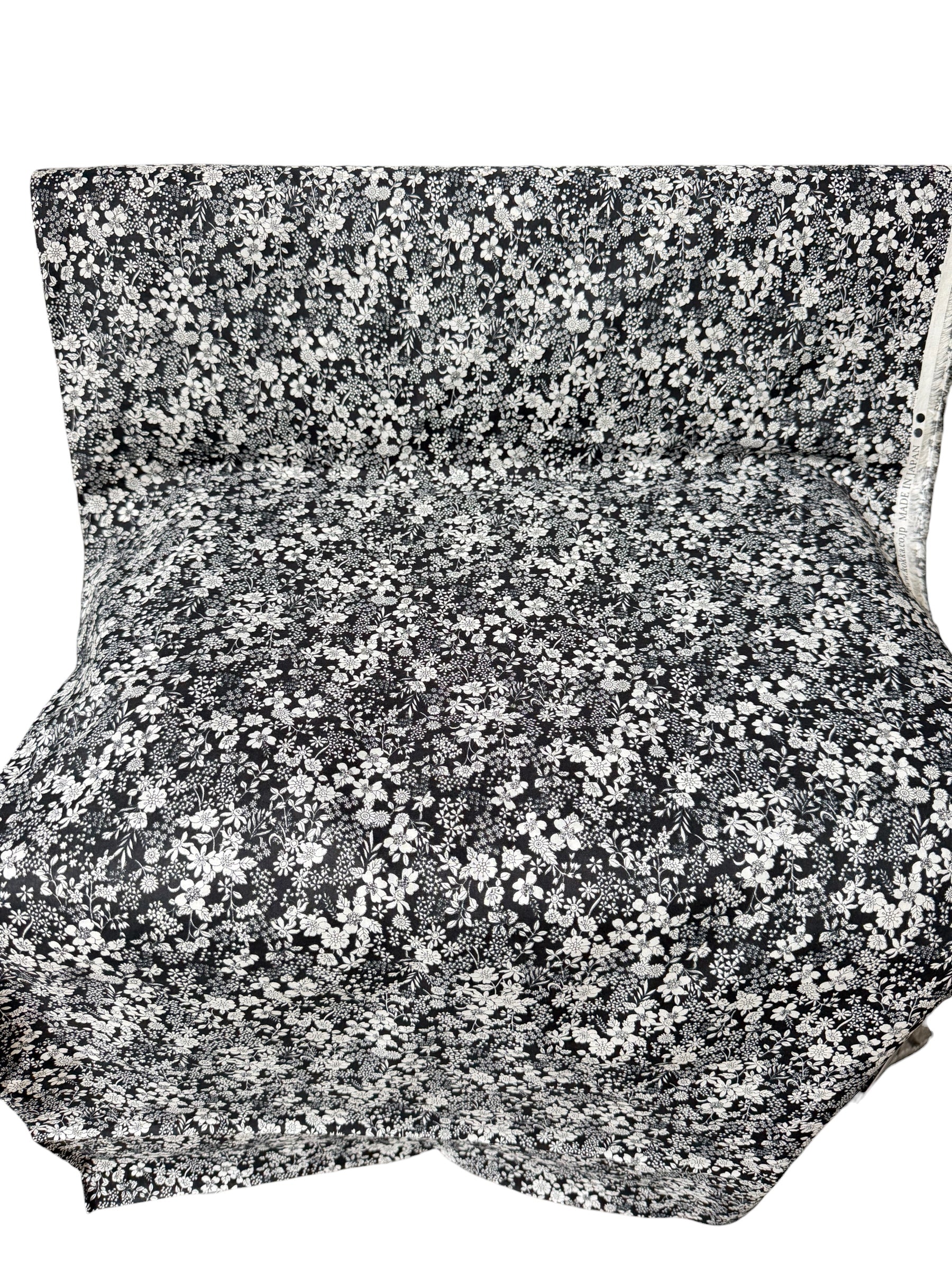 White, Black- Cotton Lawn- 42” Wide- Floral Print- Kokka
