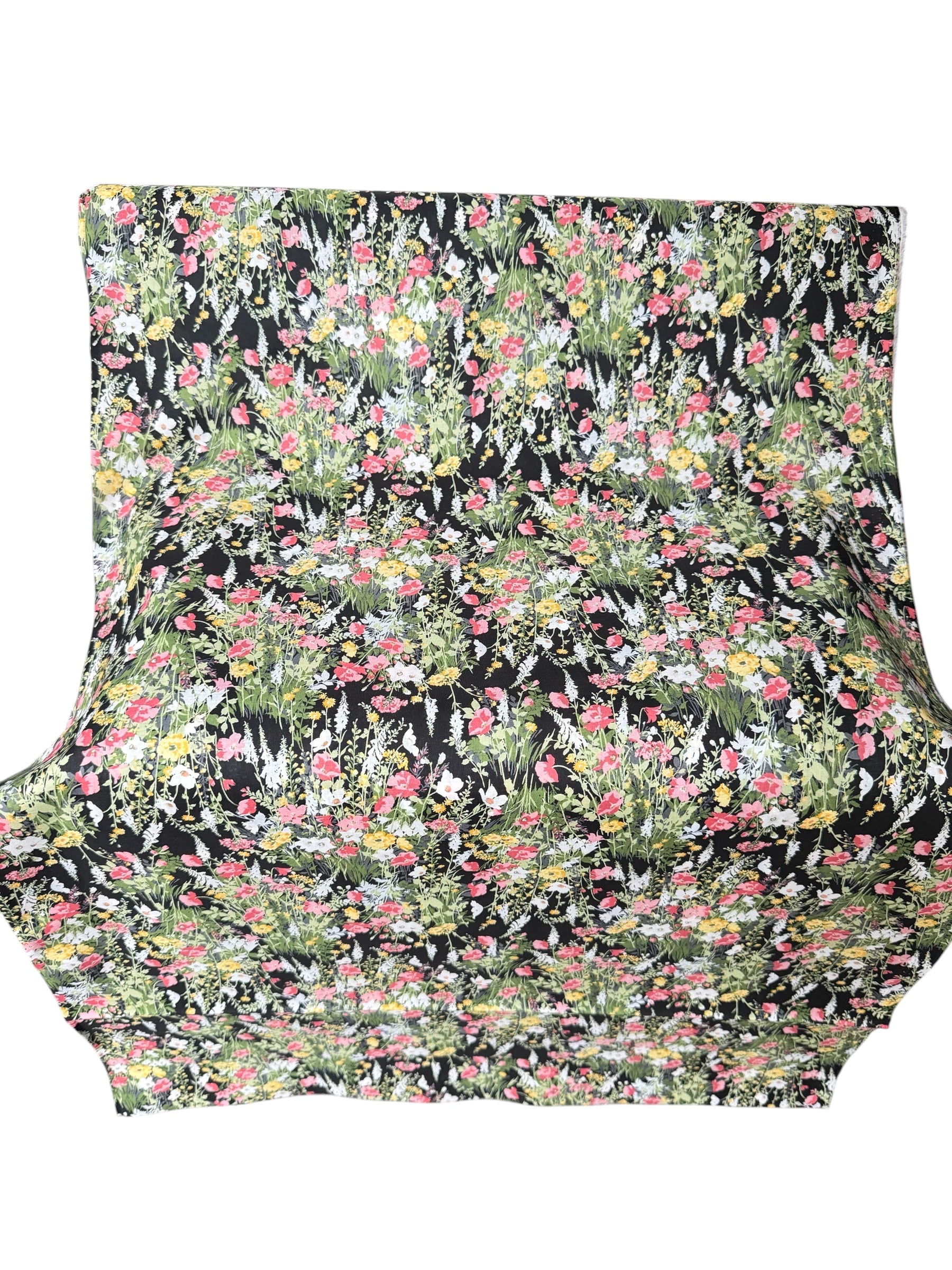 Yellow, Pink on Black- Cotton Lawn- 42” Wide- Floral Print- Kokka