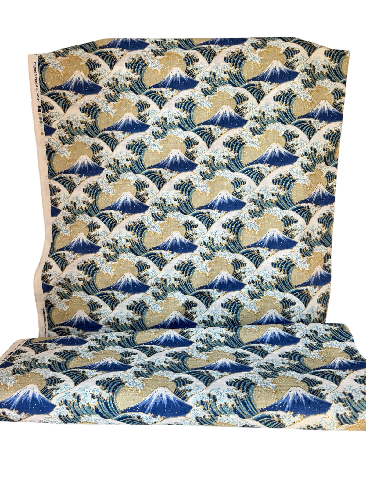 Blue, White, Metallic Gold on Beige- Namishibuki- Wave Splash- 43”- Cotton Dobby Fabric