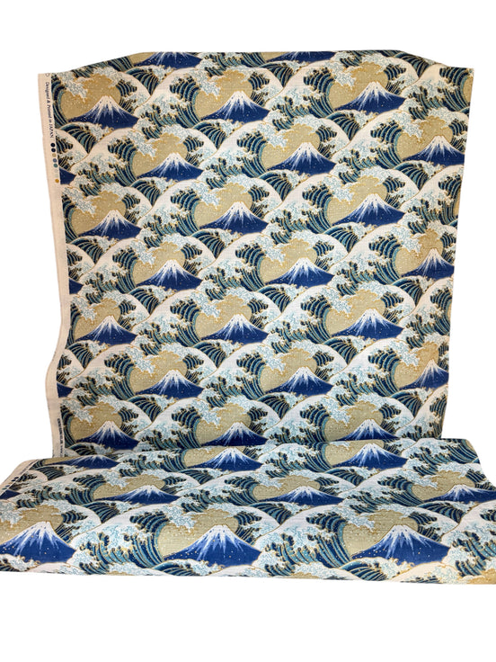 Blue, White, Metallic Gold on Beige- Namishibuki- Wave Splash- 43”- Cotton Dobby Fabric