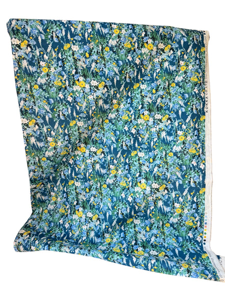 Yellow, Green on Blue- Cotton Lawn- 42” Wide- Floral Print- Kokka