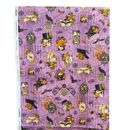 Bats, Crows, Skulls- “Dreadful Delights Thistle"- Purple- 44” Wide- Cotton Fabric- Halloween