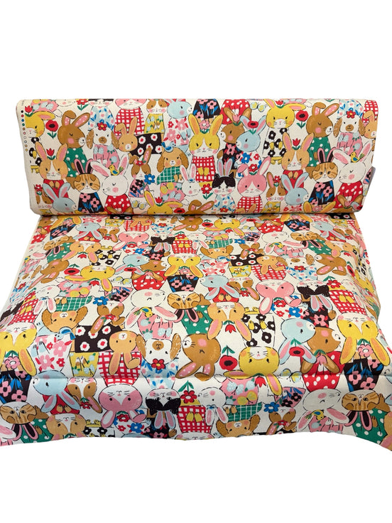 Bunnies, Rabbits On White Cotton Oxford Fabric- 43"