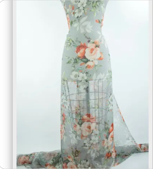 Green, Coral Floral Mousseline de Soie- 55