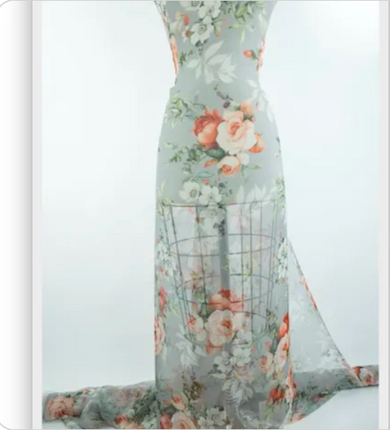 Green, Coral Floral Mousseline de Soie- 55" (1701)
