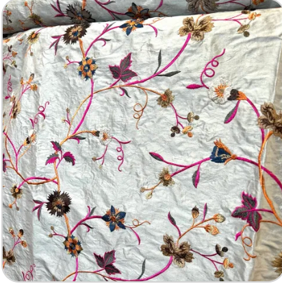 Magenta, Orange, Brown on Steel Gray- Silk Embroidery on Silk Dupioni (1728)