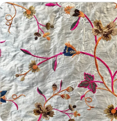 Magenta, Orange, Brown on Steel Gray- Silk Embroidery on Silk Dupioni (1728)