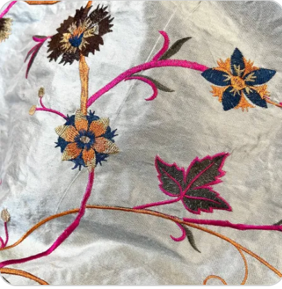 Magenta, Orange, Brown on Steel Gray- Silk Embroidery on Silk Dupioni (1728)